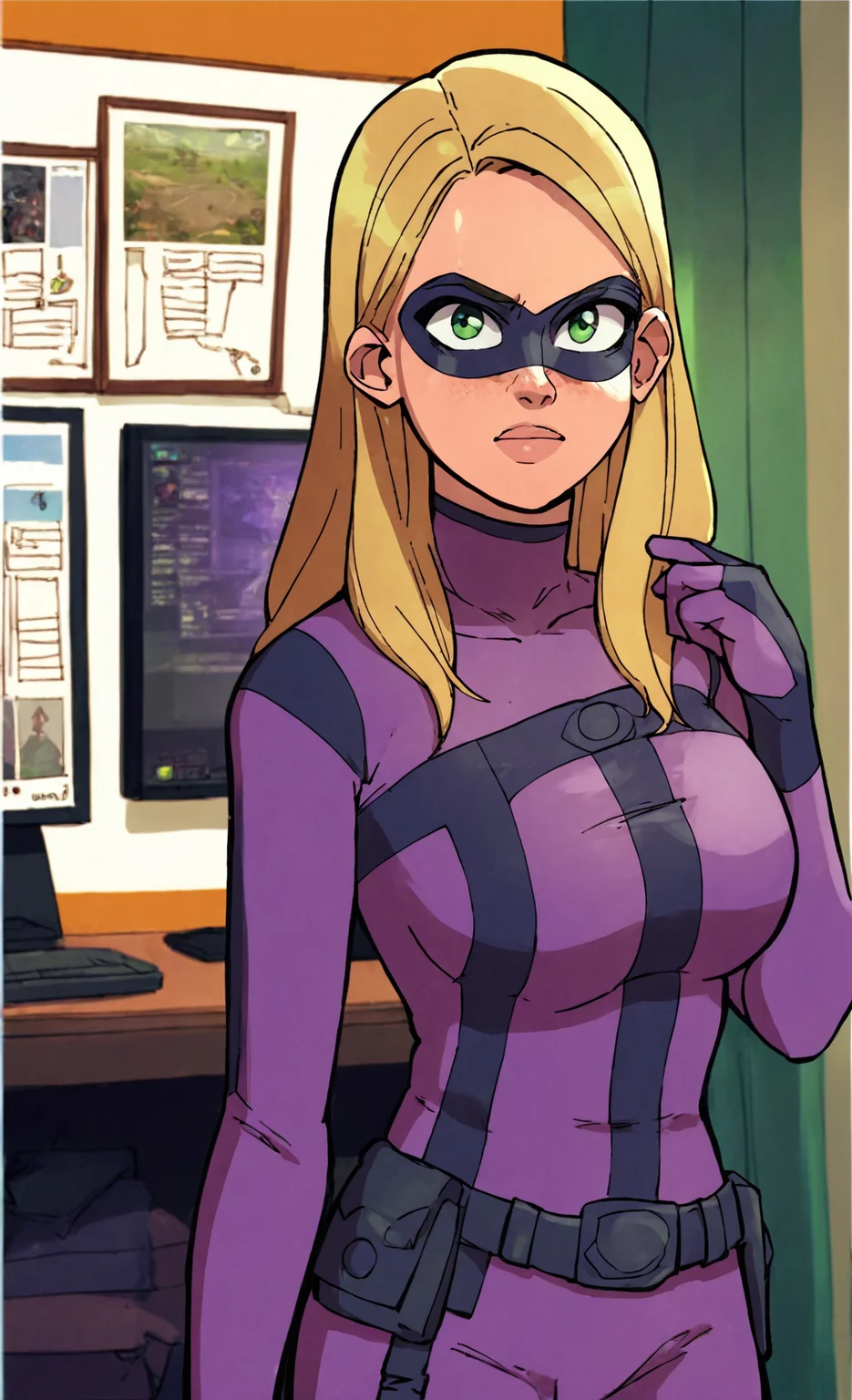 score_9, score_8_up, score_7_up, score_6_up, score_5_up, score_4_up, BREAK
<lora:Tattletale_Lisa_Wilbourn-000019:1> tattletale, blonde hair, green eyes, purple bodysuit, domino mask, large breasts, standing[::3], monitor array, <lora:artistsautism_lora_XL_dim32_8e_v2_civit:1> by tekuho, rating_safe