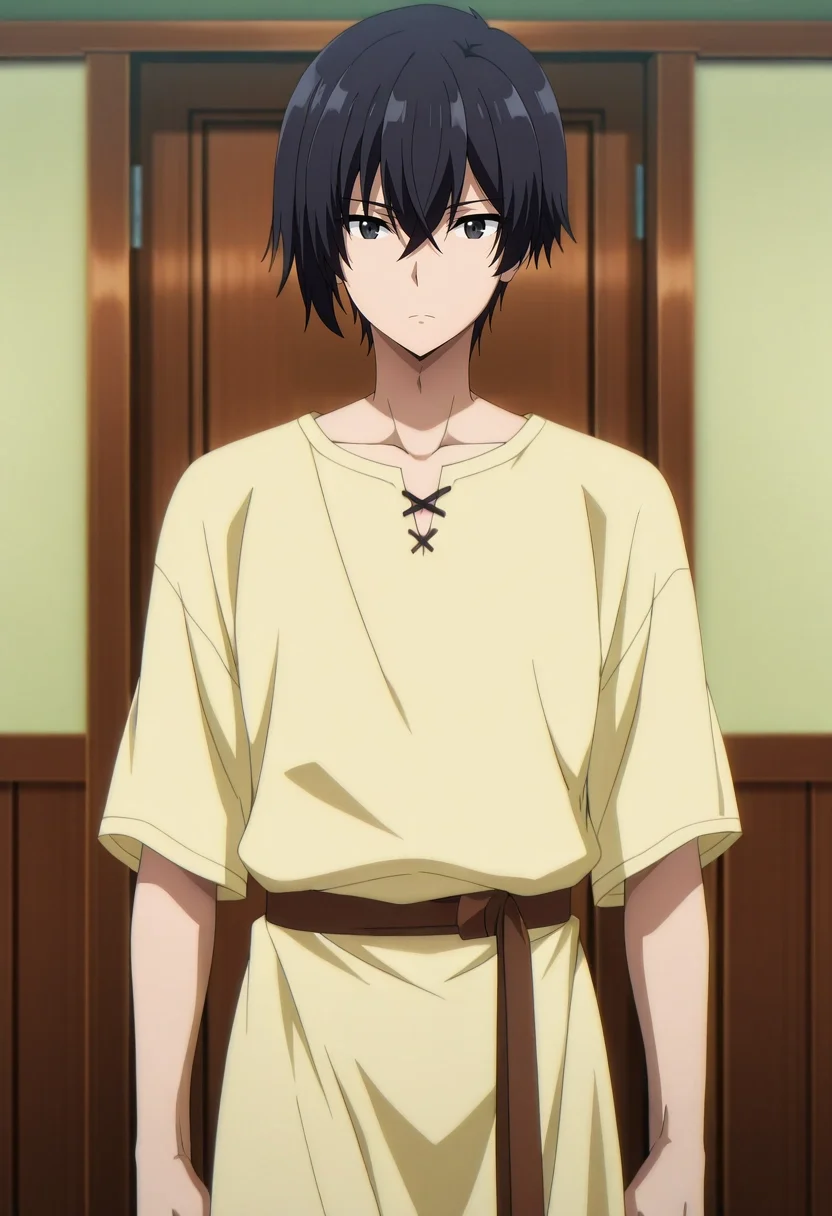 masterpiece, best quality, anime screencap, official style, anime coloring, cowboy shot, 1boy, solo, male focus, <lora:cid_kagenou_ilxl:0.94>, cid_kagenou, black hair, short hair, hair between eyes, bangs, black eyes, , toga costume