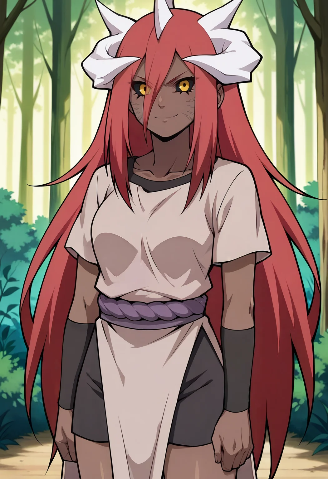 forest, solo, looking at viewer, upper body, smile, closed mouth,
ctayuya,very long hair, hair between eyes, red hair,long bangs, horns, black sclera,yellow eyes,dark skin, medium breasts, collarbone,
tunic,grey dress, rope, short sleeves, black sports bra,black shorts, black armband, toeless footwear, pelvic curtain,
anime screencap, masterpiece, best quality, <lora:ctayuya v1:0.9>,