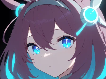 (masterpiece),(highest quality),highres,(an extremely delicate and beautiful),(extremely detailed), solo, Mihono Bourbon \(umamusume\), grey hairband, glowing hair ornament, portrait <lora:UmaDiffusionXL-768x1024:1>
