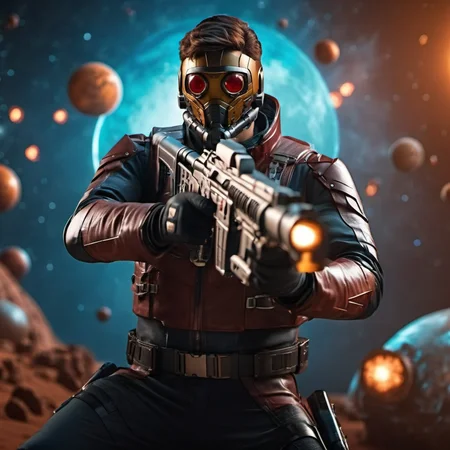 cinematic photo a man, full body with a mask aims spaceguns, planet mars background <lora:Starlord1024:0.7> . 35mm photograph, film, bokeh, professional, 4k, highly detailed
