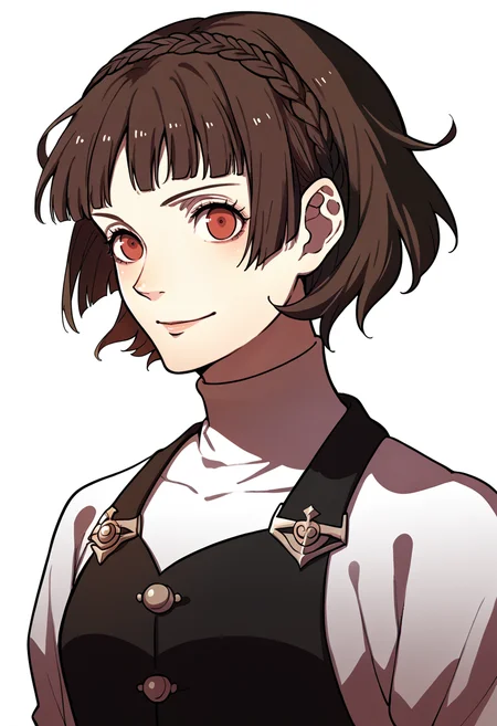 score_9, score_8_up, score_7_up, source_anime, 1girl, smile, <lora:zs_FE3HPortraitsXL:1> fe3hportraits, upper body, white background, <lora:MakotoP5-pdxl:1> defMako, short hair, crown braid, white turtleneck, black vest