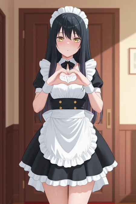 masterpiece, best quality, amazing quality, 1girl, y0tsuy4m1k0, long hair, black hair, yellow eyes, maid, maid_costume, heart_hands, indoors, aesthetic