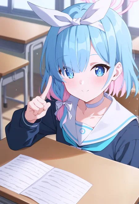 score_9, score_8_up, score_7_up, score_6_up, score_5_up, score_4_up,
BREAK
arona \(blue archive\),
1girl, solo, looking at viewer, blush, smile, short hair, blue eyes, shirt, long sleeves, bow, closed mouth, light blue hair, school uniform, collarbone, upper body, pink hair, braid, multicolored hair, hairband, choker, serafuku, indoors, sailor collar, hair over one eye, blurry, two-tone hair, single braid, blurry background, depth of field, chair, blue shirt, colored inner hair, index finger raised, desk, white sailor collar, white hairband, classroom, school desk, white choker, school chair, bangs, ribbon, hair ribbon, white bow, white ribbon, from above,
<lora:Blue_Archive-v1c-PDXL:1>
