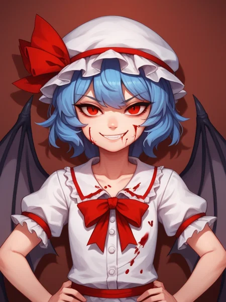 score_9, score_8_up, score_7_up, rating_explicit,  1girl, solo,  <lora:Remilia_Scarlet_-_Touhou_Project_Pony:1> r3mil1a_sc4rlet, hat, red eyes, blue hair, wings, smile, short hair, bat wings, upper body, looking at viewer, ribbon, short sleeves, mob cap, wicked look, smirk, hands on hips, blood spot on chest