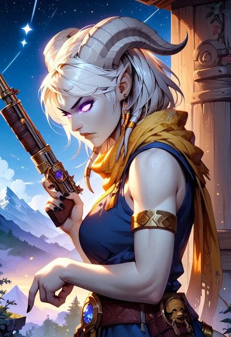 masterpiece, score_9, score_8_up, score_7_up, score_6_up, world of warcraft, detailed face,
outdoor, mountains, night, stars,
(female, mature, draenei, h0rns, ram horns, white horns, athletic arms, pale white skin, long white hair, four fingers, one thumb, black nail polish), (purple eyes), stern face, stern look,
(long loose blue dress, simple armlet, yellow silk scarf), GunMonk, shotgun,
side view