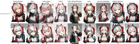 konya_karasue,1girl,w \(arknights\),solo,fang,looking at viewer,jacket,grey hair,horns,black jacket,skin fang,open mouth,simple background,short hair,smile,upper body,shirt,open clothes,grey shirt,w,open jacket,orange eyes,white background,:d,hand up,multicolored hair,antenna hair,notice lines,ahoge,grey background,demon horns,long sleeves,v,antennae, <lora:CC_train_nb11-xl:1>,, masterpiece,best quality,amazing quality,very aesthetic,absurdres,newest,