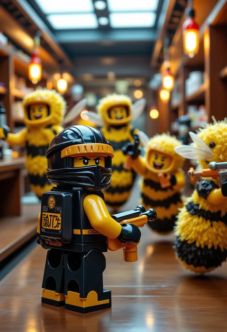 LEGO ninjas battle a swarm of robot bees armed with honey guns in a futuristic sushi factory.
aidmamj6.1, aidmafluxpro1.1