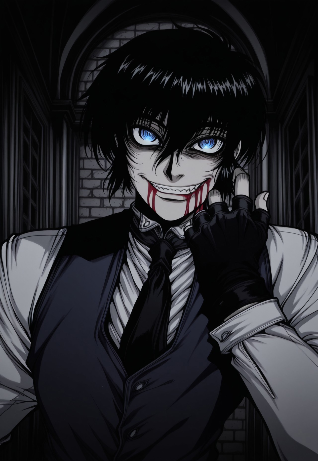 safe_pos, score_9, score_8_up, score_7_up, masterpiece, best quality, ((red blood)), YoungWalter, solo, 1boy, male focus, black hair, short hair, (((blue eyes))), white shirt, black necktie, blue vest, black gloves, fingerless gloves, portrait, close-up, indoors, manor, perspective, evil smile,evil grin,crazy eyes, greyscale, monochrome, blood on face, blood on mouth,