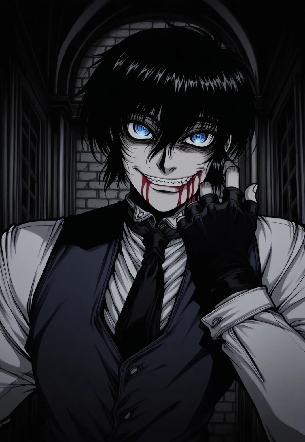 safe_pos, score_9, score_8_up, score_7_up, masterpiece, best quality, ((red blood)), YoungWalter, solo, 1boy, male focus, black hair, short hair, (((blue eyes))), white shirt, black necktie, blue vest, black gloves, fingerless gloves, portrait, close-up, indoors, manor, perspective, evil smile,evil grin,crazy eyes, greyscale, monochrome, blood on face, blood on mouth,