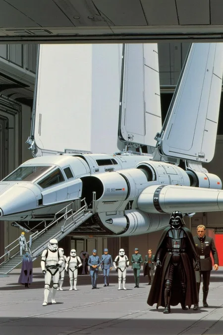 ralphmcq1 painting.
A scene from the Star Wars universe. The image depicts a grand, futuristic setting within a large, high-tech hangar bay. Dominating the scene is a massive, sleek, white Star Wars Imperial shuttle, with its distinctive, angular design and advanced technological features. The shuttle is positioned on the left side of the image, with its boarding ramp lowered, revealing a dark, sleek interior. On the right Darth Vader is walking away with two Imperial Officers. Other officers, stormstroopers and imperial guards are standing in the background beside the shuttle. <lora:ralphmcq_cap_d6a3:1.0><lora:830315584890763765:0>