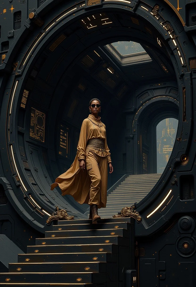 A young african woman in tunic and trousers and sunglasses walks down the stairs inside a massive black spaceship, cyberpunk and post-apocalyptic themes, complementary colours, painterly, illustration, hyp3rd3tail style