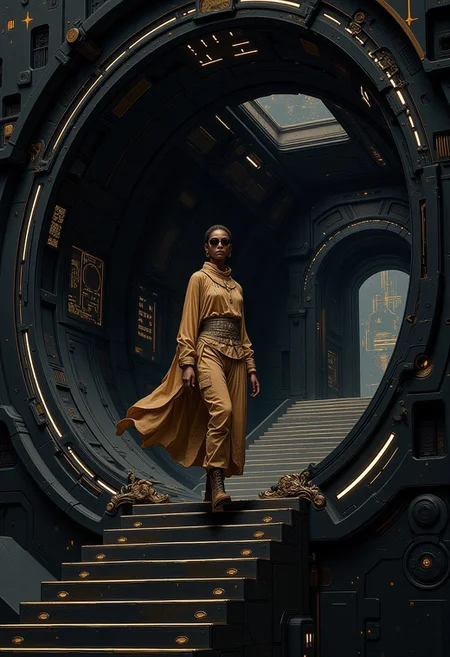 A young african woman in tunic and trousers and sunglasses walks down the stairs inside a massive black spaceship, cyberpunk and post-apocalyptic themes, complementary colours, painterly, illustration, hyp3rd3tail style
