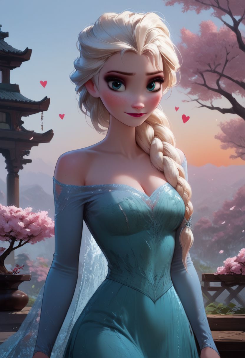 score_9, score_8_up, score_7_up, score_6_up, score_5_up, score_4_up, 
sexy girl,1girl, Elsa, Disney, \(Frozen\)/,(ultra HD quality details), blue eyes, blonde hair, single braid, single braid over shoulder,
blue dress, bare shoulders, long sleeves, bare shoulder, cleavage,
modest look, seducing viewer, hearts, posing, sexy pose, solo, bonsai, sakura, cherry blossom, submission, sunset, flowers, plants, cinematic lightings