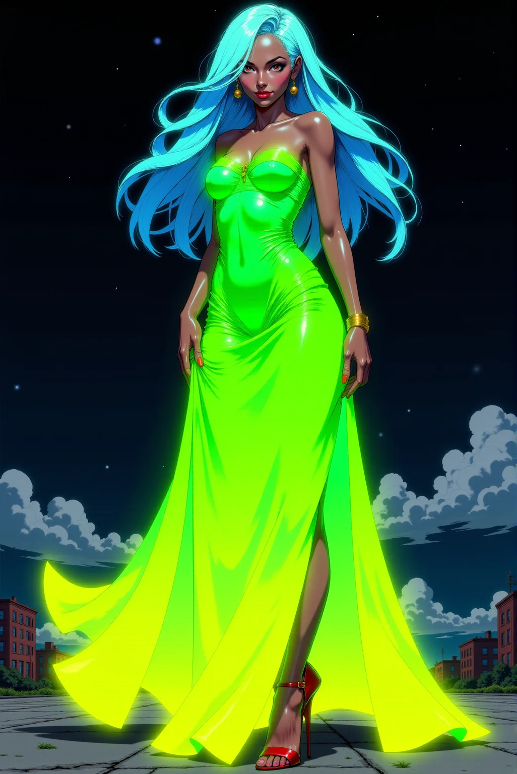 <lora:DGLO_style_v.6:0.8>
This is a vibrant, high-resolution digital comic book illustration of a woman with an ethereal, surreal aesthetic. The artwork features a tall, slender woman with long, flowing glowing blue hair that seems to shimmer with a bright otherworldly glow. She has a smooth, light brown skin tone and striking, piercing red eyes. She is dressed in a flowing, strapless gown that transitions seamlessly from flashy green at the top to a day-glo yellow at the bottom, creating a vibrant gradient effect. The dress has a flowing, silky texture that appears to ripple and wave as if it's alive, reflecting the surrounding light. The woman stands confidently, one hand gracefully holding the folds of her dress, while the other is slightly raised, adding to the dynamic pose. She wears a gold bangle on her right wrist and red high-heeled shoes, which contrast starkly with her dress and the dark, night sky background. She wears a gentle smile on her delicately featured face.