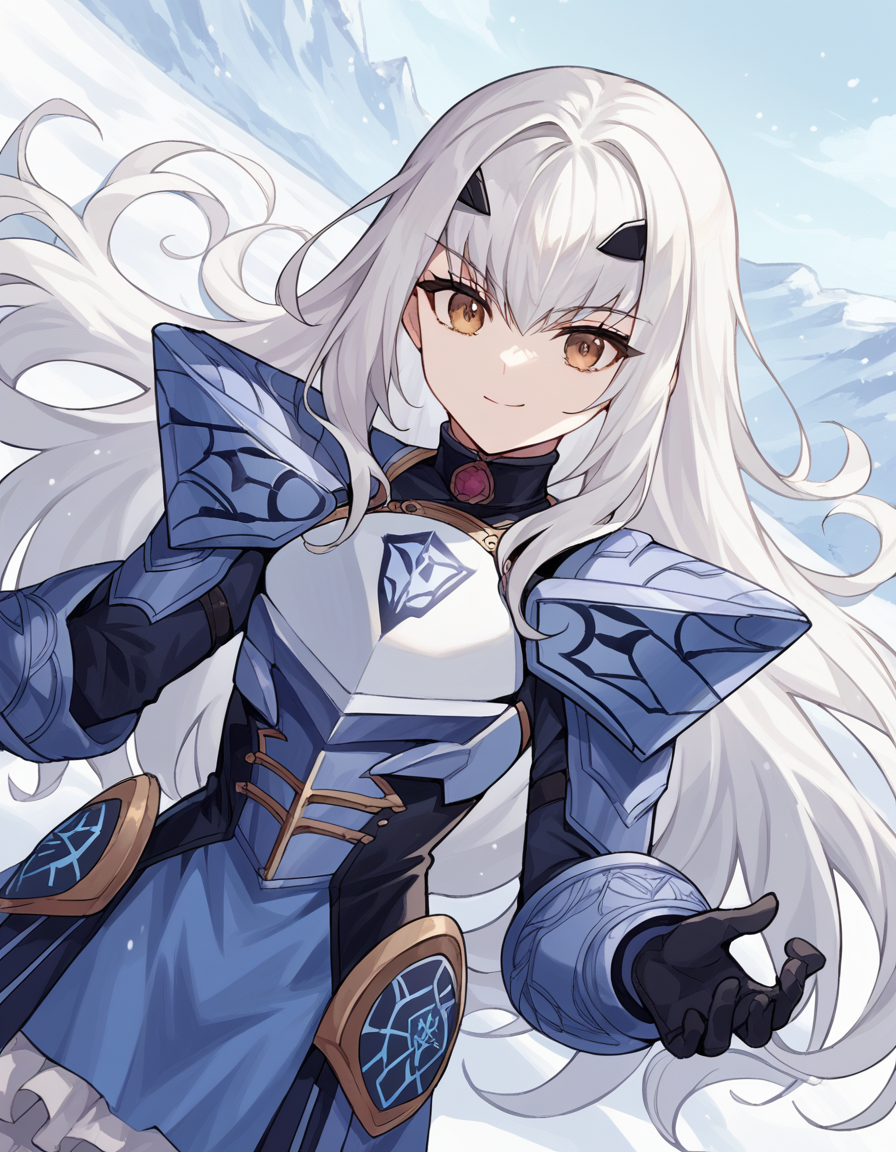 score_9, score_8_up, score_7_up, source_anime, <lora:fgo-melusine-ponyxl-lora-nochekaiser:1>, melusine, brown eyes, long hair, white hair, sidelocks,, armor, armored dress, black dress, black gloves, blue armor, blue dress, breastplate, dress, faulds, gloves, mask, pauldrons, short dress, shoulder armor,, snow day, winter clothes, snowball fight, laughter, cold breath, white landscape, smile, looking at viewer, arm resting on back of chair, solo,, cowboy shot, dutch angle