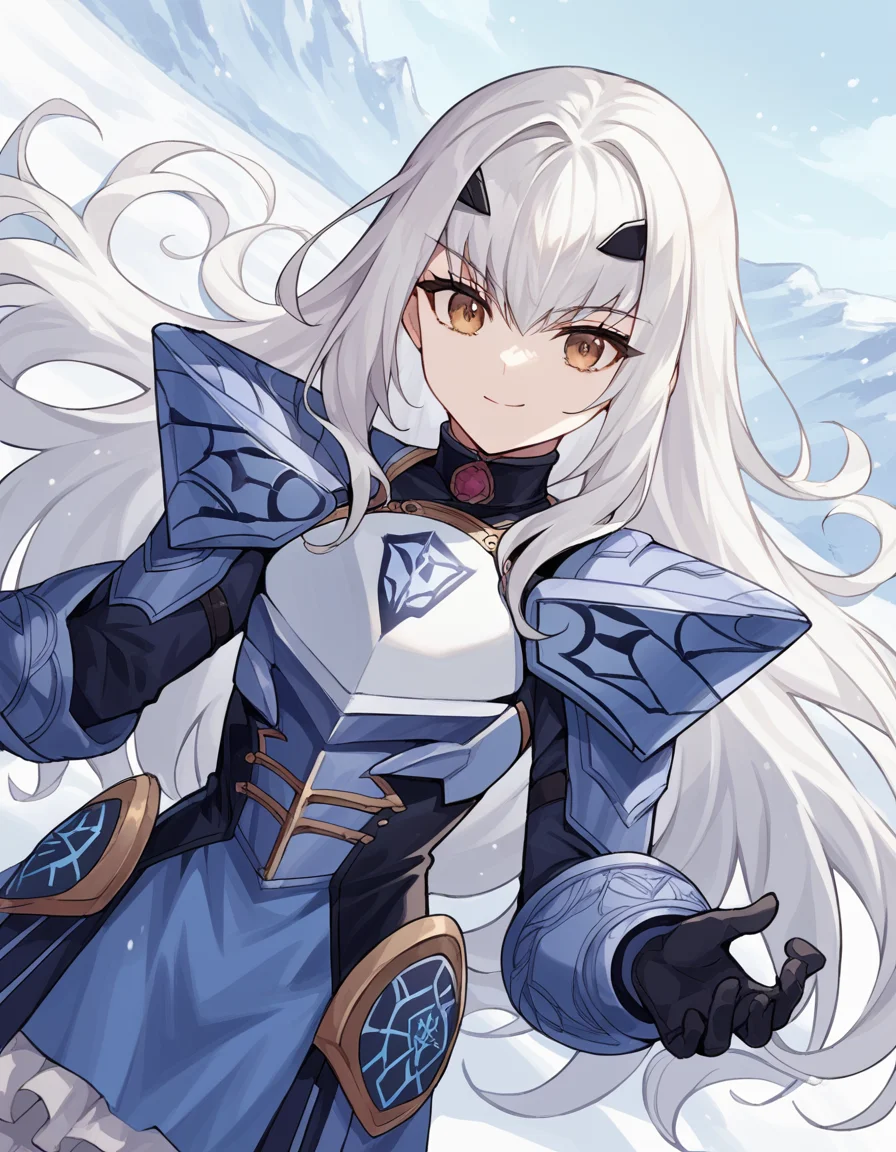 score_9, score_8_up, score_7_up, source_anime, <lora:fgo-melusine-ponyxl-lora-nochekaiser:1>, melusine, brown eyes, long hair, white hair, sidelocks,, armor, armored dress, black dress, black gloves, blue armor, blue dress, breastplate, dress, faulds, gloves, mask, pauldrons, short dress, shoulder armor,, snow day, winter clothes, snowball fight, laughter, cold breath, white landscape, smile, looking at viewer, arm resting on back of chair, solo,, cowboy shot, dutch angle