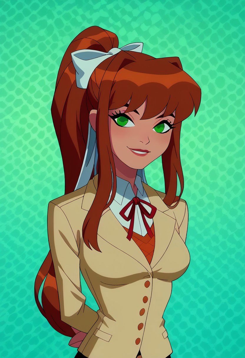 score_8, score_7, score_6, score_5,(masterpiece, best quality, amazing quality, abstract art background), ,cowboy shot, multi colored background,  wyatt, , 1 girl,  character focus, upper body visible, zoomed in medium shot, hands behind back, leaning forward, , smiling, monika, brown hair, green eyes, ponytail, very long hair, white bow
