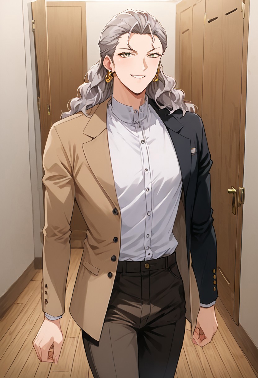 1990s (style), source_anime, official style, PonyXLV6_Scores, masterpiece, ultra detailed, best quality, beautiful face, perfect anatomy, anatomically correct, detailed eyes, <lora:xl_more_art-full_v1:0.7>, <lora:Detailed_anime_style:0.4>, <lora:LCM&TurboMix:1.0>, <lora:Expressiveh:0.5>, Expressiveh, 5 fingers, perfect hands, perfect feet, BREAK (<lora:CD11_kurosaki-10:1>, Kurosaki_CD11, 1boy, grey hair, long hair, wavy hair, grey eyes, (multiple earrings, small gold earrings,), white shirt, (two-toned jacket, left side black with brown lapel, black buttons, right side brown with black lapel, buttoned-up, closed jacket,), dark brown trousers,), BREAK walking, stern, looking at viewer, smug, grin, cowboy shot, BREAK (changing room, wooden floor,),