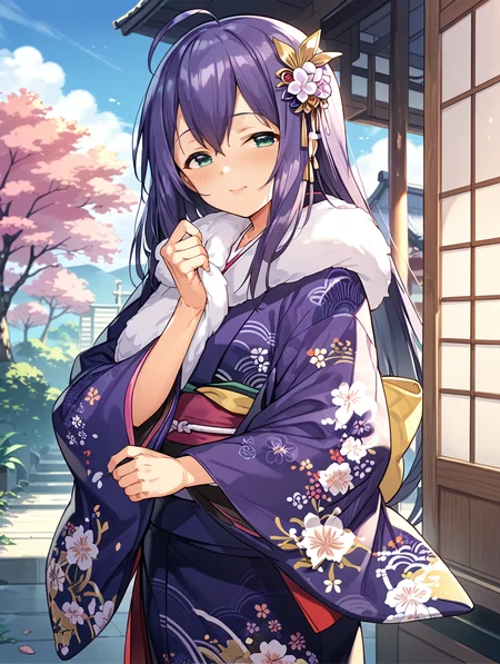 score_9,score_8_up,score_7_up,
official art,official style,game cg,megami magazine,
uncensored,
1girl,solo,
mochizuki anna,purple hair,green eyes,ahoge,
japanese clothes,obi,obijime,obiage,kimono,fur-trimmed kimono,fur trim,wide sleeves,
<lora:idolmaster_mochizuki_anna_pony_v1:1>,