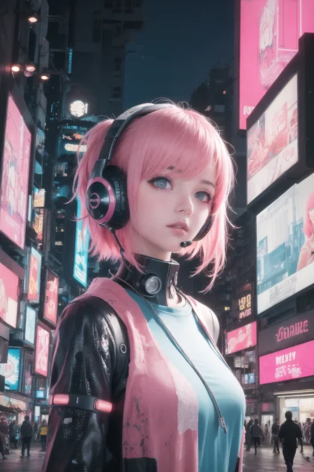 ((cyberpunk)), vary blue and red and orange and pink hard light, intricate light, portrait of a robotic girl with pink hair and headphones in a city at night with neon lights and buildings in the background, in the Sci-fi City at night, white and intricate clothes, dynamic hair, haircut, dynamic fuzziness, beautiful and aesthetic, intricate light<hypernet:yukoring:0><lora:Cornflower-000001:0>