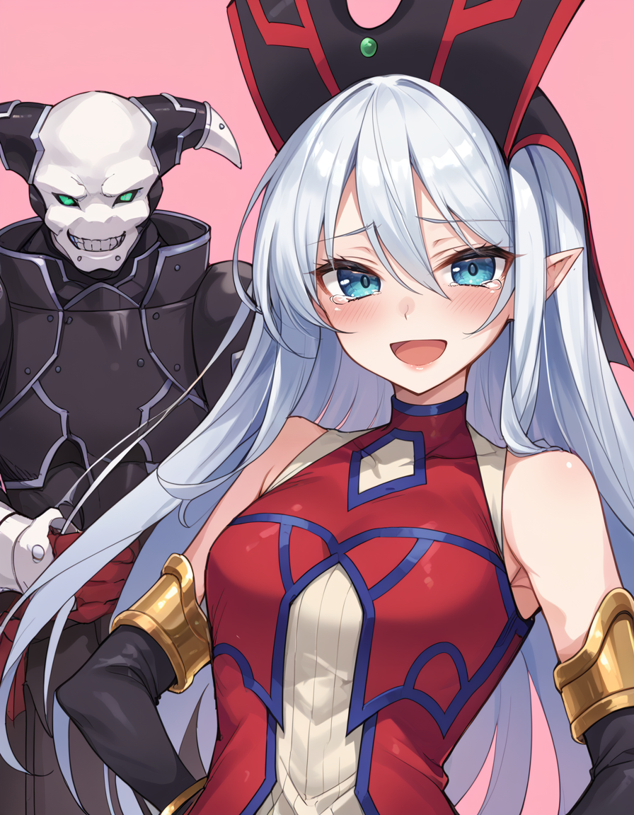 (score_9:0.9),score_8_up,score_7_up,rating_safe,anime style,(zPDXL),(zPDXL3),<lora:Ruin Queen of Oblivion ponyXL v1.1:0.8>, ruin queen of oblivion, tears, 1boy, open mouth, blush, 1girl, black elbow gloves, smile, gold bracelet, red headwear, red dress, demise king of armageddon, age regression, full armor, pink background