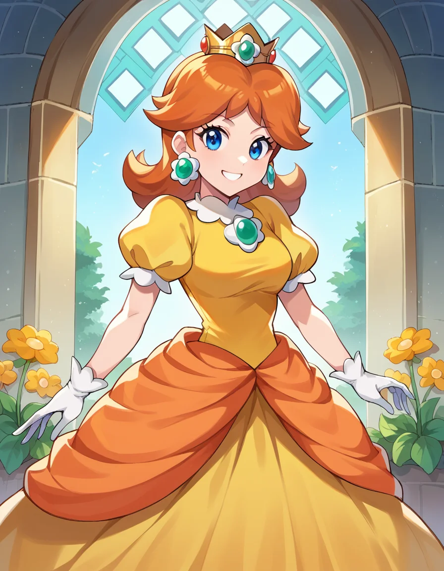 score_9, score_8_up, score_7_up, source_anime,
princessdaisy, <lora:princess-daisy-ponyxl-lora-nochekaiser:1>,
princess daisy, blue eyes, long hair, orange hair,
crown, daisy, dress, flower, gem, gloves, orange dress, puffy short sleeves, puffy sleeves, short sleeves, white gloves,
indoors, castle, smile,
looking at viewer, cowboy shot, dutch angle,