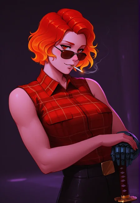 neonpunk style concept art masterpiece, high_quality, highres, flat_colors, gradient, long_lashes, blush, looking_at_viewer, dynamic_angle,
<lora:yanchik:1>yanchik, 1girl, solo, mechanical arms, sunglasses, skirt, single mechanical arm, orange hair, belt, short hair, tinted eyewear, sleeveless, prosthesis, cigarette, shirt, mouth hold, breasts, red hair, looking at viewer, prosthetic arm, sleeveless shirt, science fiction, cyborg, neon lights, pocket
best quality, very aesthetic, absurdres,detailed hands, backlight, blurry background, depth of field, absolutely eye-catching, bokhe, blurry background, dynamic angle,rtx, ray tracing, sexy,pinup:1.2,depth of field, cinematic, (masterpiece, best quality), safe, amazing quality, very aesthetic, absurdres, highres, newest, RAW,
masterpiece, best quality, amazing quality, very aesthetic, newest, detailed eyes, 32k, ultra detailed, 1girl, black bob, bangs, holds katana in hand, leans on katana, katana forward, ((open orange plaid shirt)), sweatpants, abs, skinny, relief body, muscular, look at viewer, emotionless expression, cruel smirk, battle posture, strict posture, cyber futurism, cyberpunk, techno punk, dark theme, action theme, simple background, plaid zentangle pattern, cubism, abstractionism, realism, (ink graffiti with neon glow in traditional japan style:1.2), close up, dutch angle, epic portrayal illustration, s(plash art style merges with sketch art style), erotic, revealing, lewd, sexy, color palette contain \red, black, blue, yellow\ colors, dark soft colors, matte illustration <lora:nhl-001:0.3> nhl-001, limited palette, realistic <lora:DarkerThanBlackIllustrious:1> . digital artwork, illustrative, painterly, matte painting, highly detailed . cyberpunk, vaporwave, neon, vibes, vibrant, stunningly beautiful, crisp, detailed, sleek, ultramodern, magenta highlights, dark purple shadows, high contrast, cinematic, ultra detailed, intricate, professional in a cyberpunk outfit. Futuristic, dystopian, metallic, neon