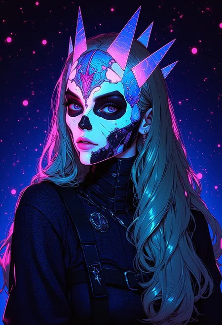 A person’s face is obscured by a segmented (mask) resembling an abstract skull, its layered, interlocking plates forming sharp, organic contours. The (mask) glows in deep violet and electric cyan, with magenta highlights illuminating its rib-like structures, creating an intense three-dimensional effect. Their large, round eyes peer through the gaps, metallic silver irises reflecting light with an eerie, enigmatic presence. Long, sleek hair cascades down their back, shifting between emerald green and midnight blue, with iridescent silver streaks catching the glow. Each strand is meticulously defined, adding depth and fluid motion. They wear a high-necked, long-sleeved (sweater) in dark charcoal, woven with subtle iridescent threading that flickers between sapphire and teal under the light, contrasting against the vibrant tones of the (mask) and hair. The background is a deep cosmic indigo, scattered with an optical illusion of glowing, pulsating dots in neon pink, cerulean, and white. These sparkling specks create a sense of movement, shifting as if the air itself shimmers, enhancing the surreal and futuristic atmosphere. The fusion of avant-garde surrealism and high-tech aesthetics results in a visually arresting composition, immersing the subject in an ethereal, otherworldly glow. anime, cyberpunk, BaroCybPnk, baroque, cyberpunk, futuristic, Anime art
