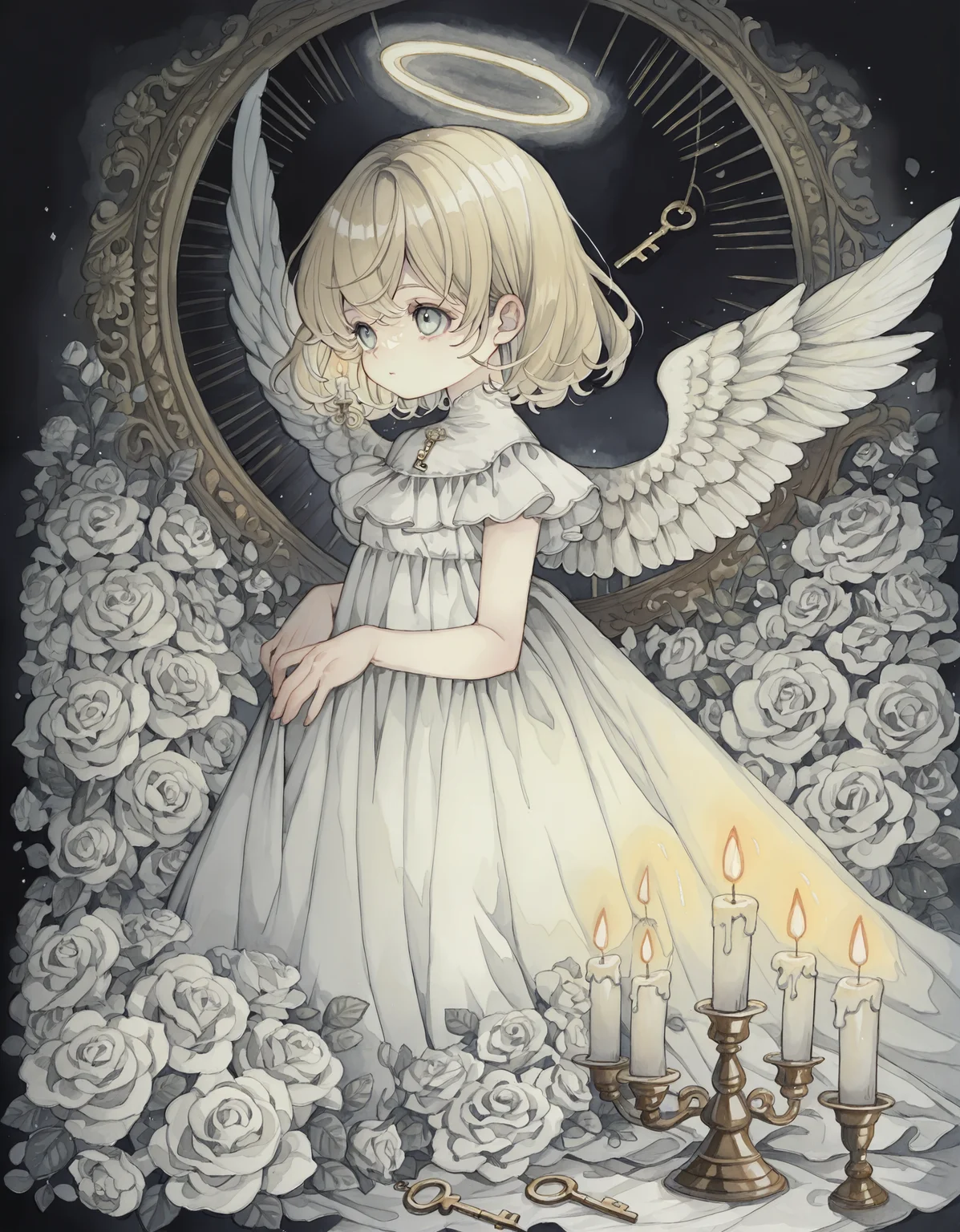 masterpiece, best quality, newest, highres, absurdres, <lora:rusetsuksr_style:1>,rusetsuksr_illu, candle, 1girl, flower, wings, halo, candlestand, angel, white flower, rose, dress, blonde hair, feathered wings, white rose, traditional media, solo, angel wings, short hair, painting (medium), key, white dress