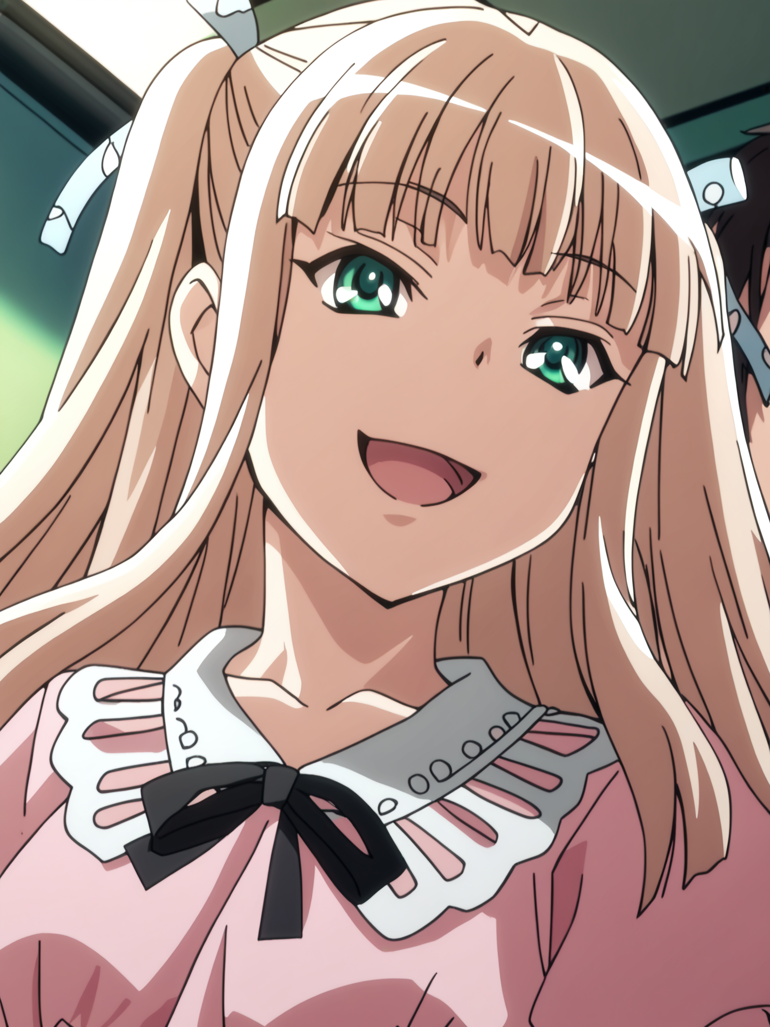 <lora:happy_tentacle-katakura-v0.2-000021:1>, ht_katakura, two side up, hair ribbon, green eyes, medium breasts, pink dress, collared dress, lace-trimmed collar, , upper body, 1girl, (petite:1.2), solo focus, smile, open mouth, (looking at viewer:1.1), indoors , backlighting, (depth of field:0.8), (from below:0.8), <lora:Shed_The_Skin's StS_age_slider_v1_initial_release:-1>, score_9, score_8_up, score_7_up, score_6_up, score_5_up, score_4_up,