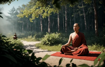 a monk is meditating, wearing a white robe in the temple, the temple is in the forest, raw photo, surreal photo, unreal engine 4, 8k, super sharp, detailed colors, wide color coverage , extreme scene detail, shading, anti-aliasing, error detail smoothing,raw photo, surreal image, unreal engine 4, 8k, super sharp, detailed colors, wide color coverage, extremely high scene detail, shading, anti-aliasing, error detail smoothing, raw photo, surreal photo, unreal engine 4.8k, super sharp, detailed color, wide color coverage, scene detail extremely tall object , (8k, RAW photo, best quality, masterpiece:1.2), (realistic, photo-realistic:1.37),modelshoot style, (extremely detailed CG unity 8k wallpaper),professional majestic oil painting by Ed Blinkey, Atey Ghailan, Studio Ghibli, by Jeremy Mann, Greg Manchess, Antonio Moro, trending on ArtStation, trending on CGSociety, Intricate, High Detail, Sharp focus, dramatic, photorealistic painting art by midjourney and greg rutkowski, scene detail extreme objects, shading, anti-aliasing, error detail smoothing