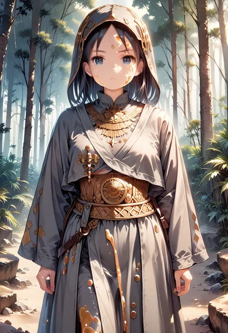 score_9, score_8_up, score_7_up, 1girl, FujisakaLP, high definition eyes, (masterpiece), (best quality), (ultra detailed),(illustration), beautiful girl in gray robe standing in the dark forest, epic style, octane render, desert composition, beautiful face, hyperrealistic, oil on canvas, award-winning, masterpiece,