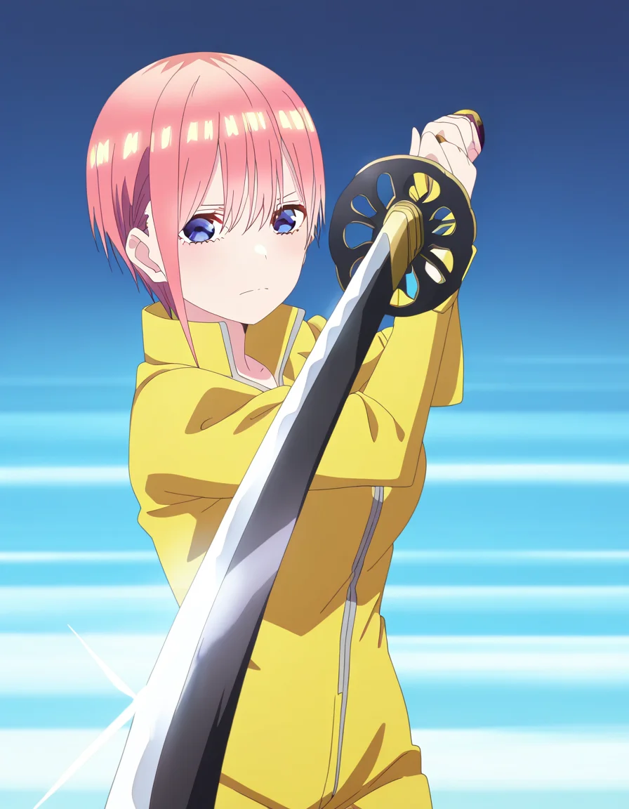masterpiece, best quality, newest, absurdres, highres, safe,, <lora:ichika-nakano-s2-ponyxl-lora-nochekaiser:1>, ichika nakano, short hair, bangs, blue eyes, hair between eyes, pink hair, pixie cut, large breasts, anime screencap, <lora:sword-guard-stance-illustriousxl-lora-nochekaiser:1>, sword guard stance, sword, weapon, solo, katana, holding, holding weapon, holding sword, looking at viewer, jumpsuit, yellow jumpsuit, high collar, cowboy shot, pants,, ,