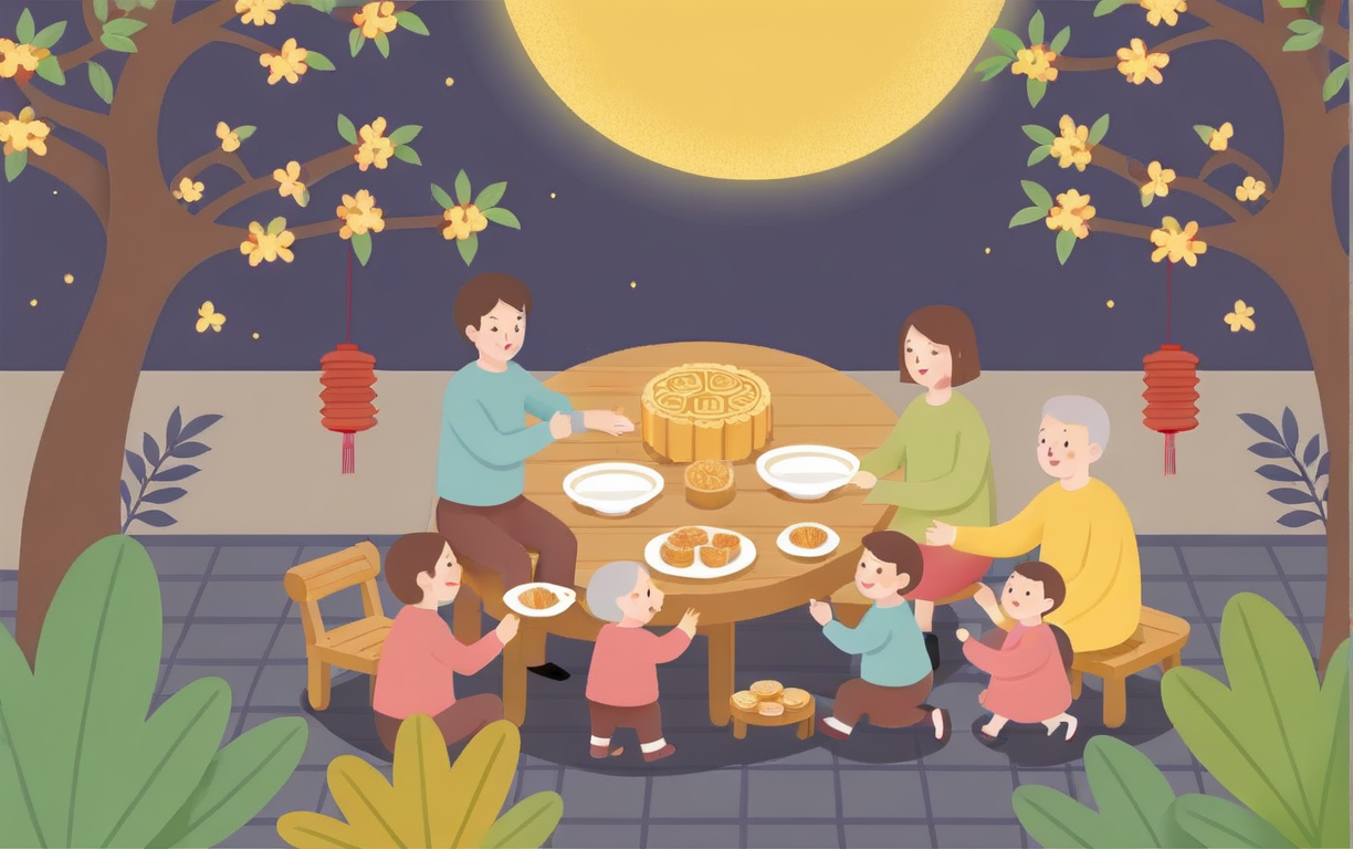 mid autumn festival poster,a family eats in the yard,text:ä¸­ç§,<lora:zhongqiu_v3-000032:0.7>,