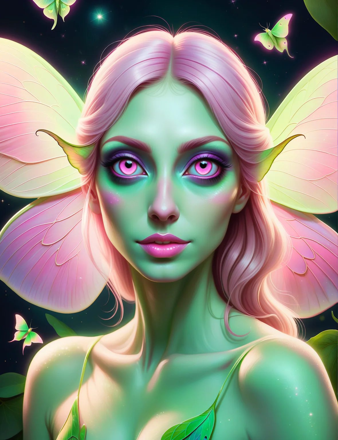 photo, portrait, beautiful, a fairy luna moth in human form, up close, beautiful pink eyes, sparkling iridescent, portrait, illustration, back lighting, high quality high quality <lora:CuteCombine1:1>VCuteStyle,