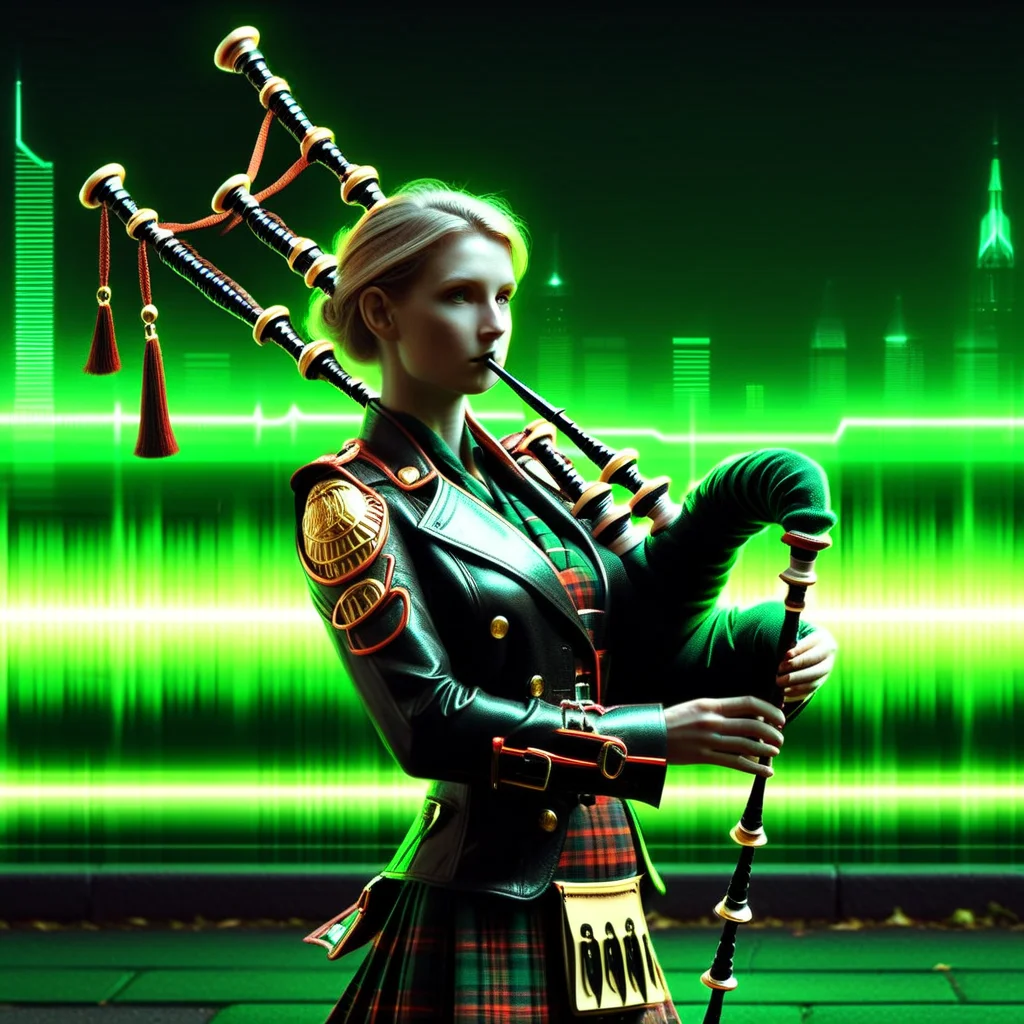 woman, bagpipes, neon, soundwaves, cool, realistic, music, album cover, abf_cover <lora:ABF_AlbumCover_2:1.1>, realistic, <lora:add-detail-xl:.4>, green, park
