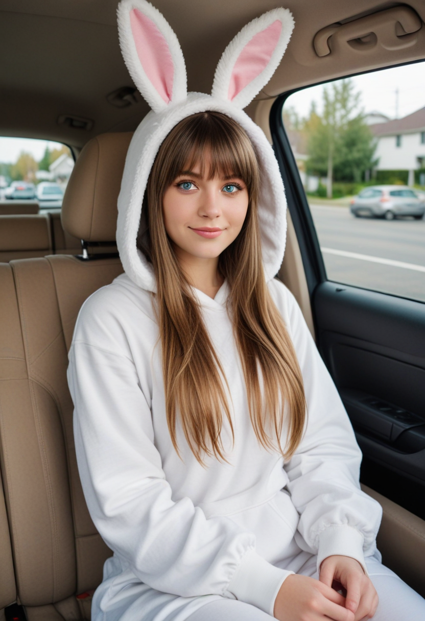 (medium full shot) of (sexy young woman), swedish, blue eyes, fair skin, fair skin, olive green eyes, busty build, extra long brown curtain bangs hair,  wearing White rabbit costume, rabbit head hood, rabbit tail, white leggings, white slippers, set in  Family Car, Rearview mirror adorned with hanging trinkets, child's car seat in the back, colorful toys strewn across the seats, a half-empty juice box in the cup holder smudged fingerprints on the windows , smiling at the viewer, Masterpiece,best quality, photorealistic, amazing quality, very aesthetic, extremely detailed face,
