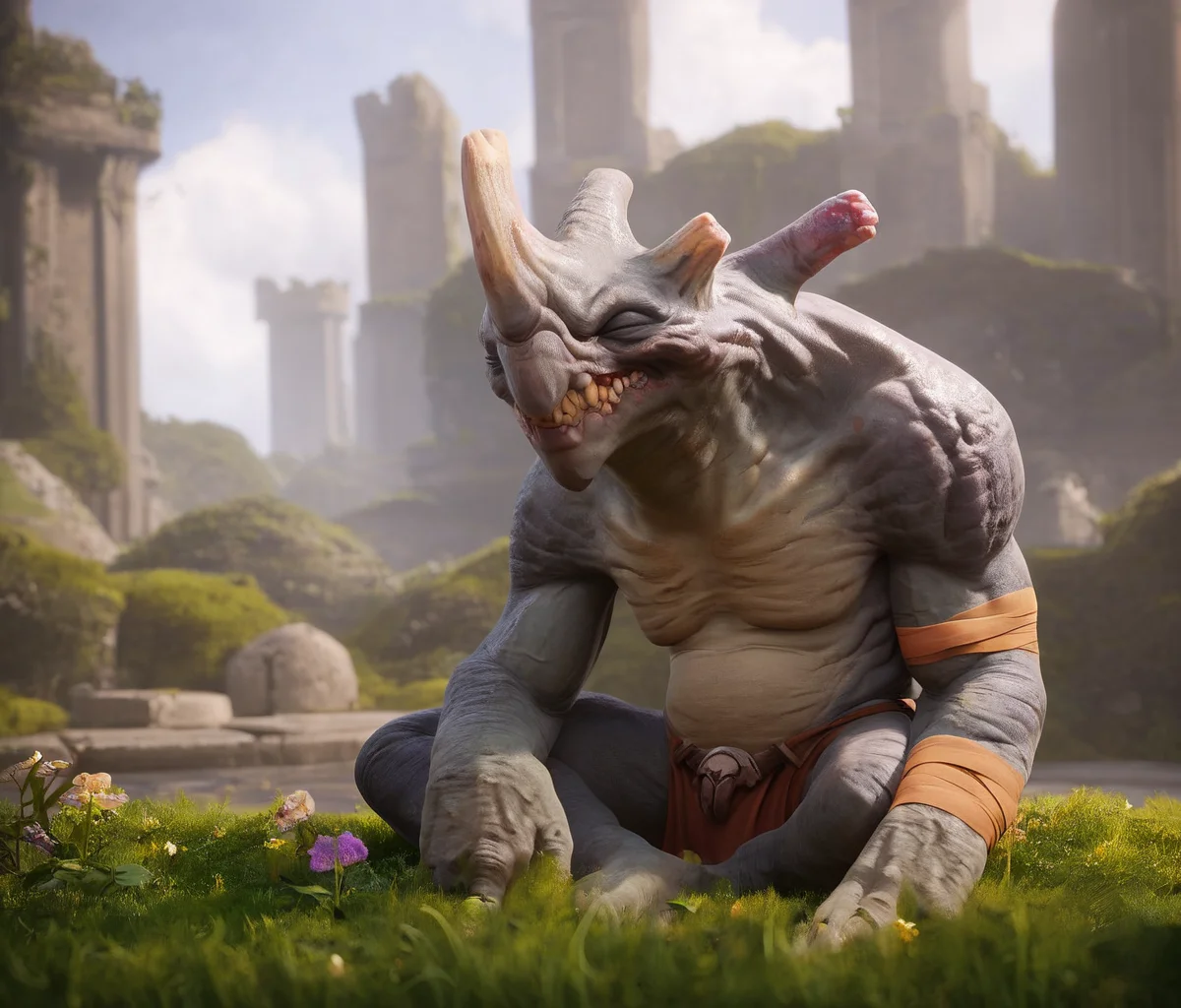 zPDXL2, quarter side view , rating_safe, score_9 , score_8_up, score_7_up, 4k, 3d , highres, absurdres, portait, BREAK
paraggrux, grux sitting down with one arm on leg in a calm grassy meadow valley with a (small butterfly resting on grux face) , loincloth, eyes closed, tall grass, ruins in the background, happy, one horn on head, grey skin, teeth, spikey spine, alien, monster , bandage wrapped arms, bandage wrap legs, <lora:Grux_-_Paragon:0.8> <lora:Pony_DetailV1.0:0.6>