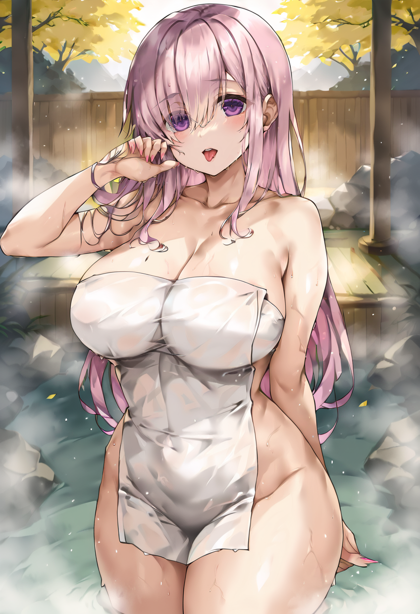 score_9, score_7_up,  1girl, 
huge breasts, wide hips, thick thighs, eyebrows, open mouth, nail polish, towel, purple eyes, fingernails, hair over one eye, alternate breast size, looking at viewer, cowboy shot, bare shoulders, blush, eyes visible through hair, shiny skin, thighs, pink nails, eyelashes, pink hair, solo, tongue, covering privates, long hair, collarbone, naked towel, onsen, groin, teeth, arm behind back, breasts
 <lora:morizono_shiki-Style-PonyXL-GLoRA:1>