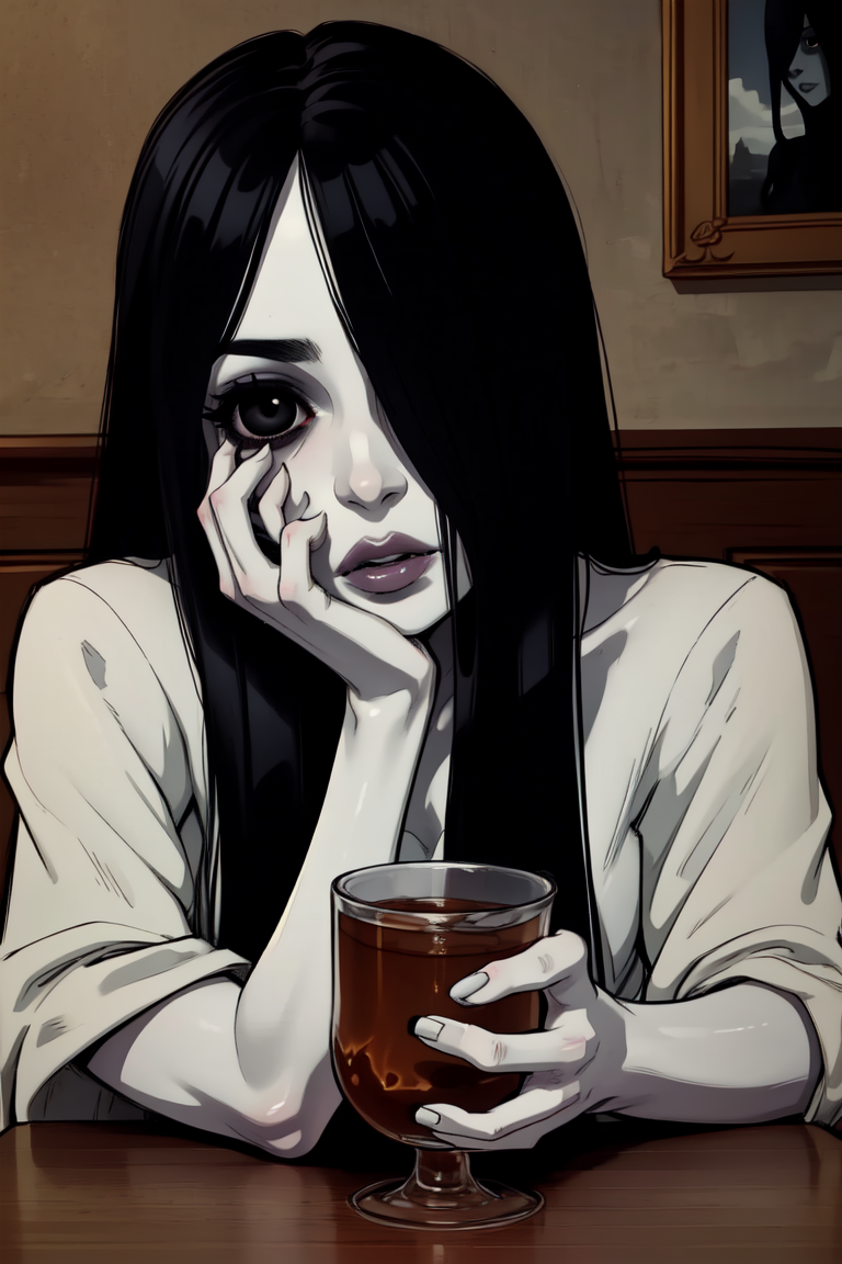 <lora:TheOnryo:0.8> sadako, pale skin, white dress, very long hair, hair over one eye, black eyes, sitting at a table drinking a cup of tea, dark room, (insanely detailed, beautiful detailed face, masterpiece, best quality) shy,