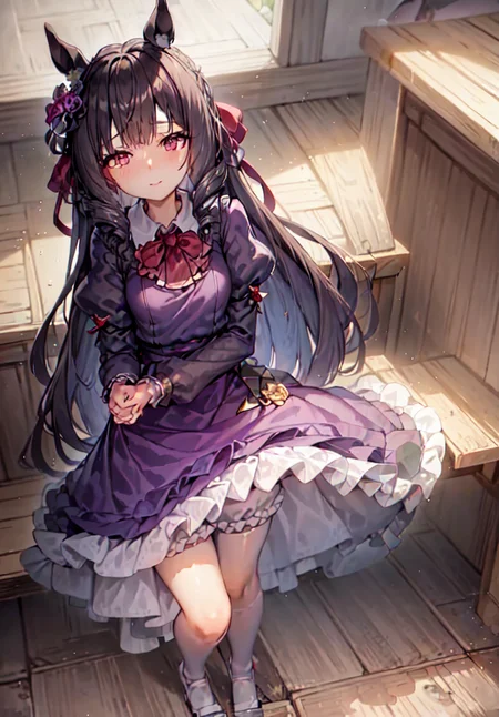 ((masterpiece, best quality)),
,Daiichi Ruby,horse ear, (purple_dress,purple_skirt), long_skirt,flower, frills, hair flower, interlocked fingers, long sleeves,own hands together, puffy sleeves, red flower, solo, white pantyhose,white legwear,small_breasts,
looking at viewer, ((View from a little higher up)),(Quiet expression),stand,smile,full body,
<lora:Daiichi Ruby_v1:0.7:ALL1>
