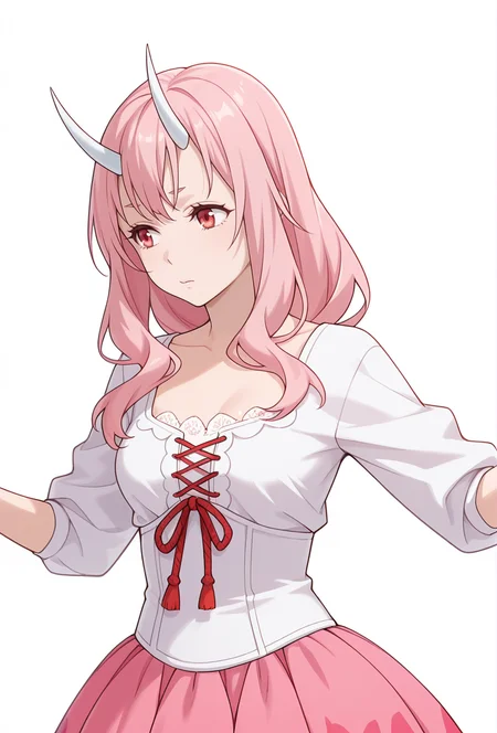Smooth Quality,masterpiece,very intricate, high quality details, ultra realistic, high detailed skin,detailed enviorement,absurdres,
simple background, white background,solo,
front view,sulking,dancing, 
lace-up top,  ,peplum top,  ,tulip skirt,  , <lora:Shuna_CNR:0.8> shuna_cnr, 1girl,pink hair, long hair, red eyes,horns, oni,