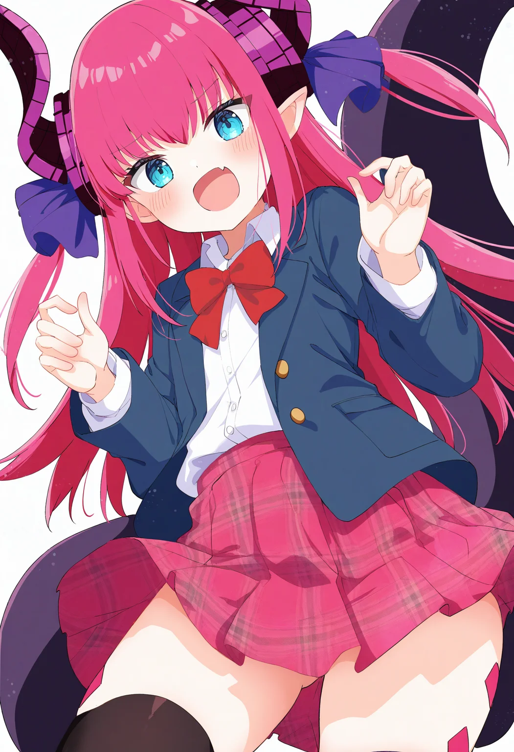 1girl,elizabeth bathory \(fate\),
solo,school uniform,jacket,hair ribbon,plaid skirt,black thighhighs,plaid,blush,white background,smile,horns,pointy ears,tail,bowtie,dress shirt,pleated skirt,fang,open mouth,blazer,long sleeve,:d,ribbon,skirt,long hair,bow,shirt,thighhighs,red ribbon,dragon tail,pink hair,white shirt,simple background,alternate costume,looking at viewer,blue eyes,
masterpiece,best quality,newest,highres,absurdres,
<lora:Siro9_noobesp11_4-000015:1>,