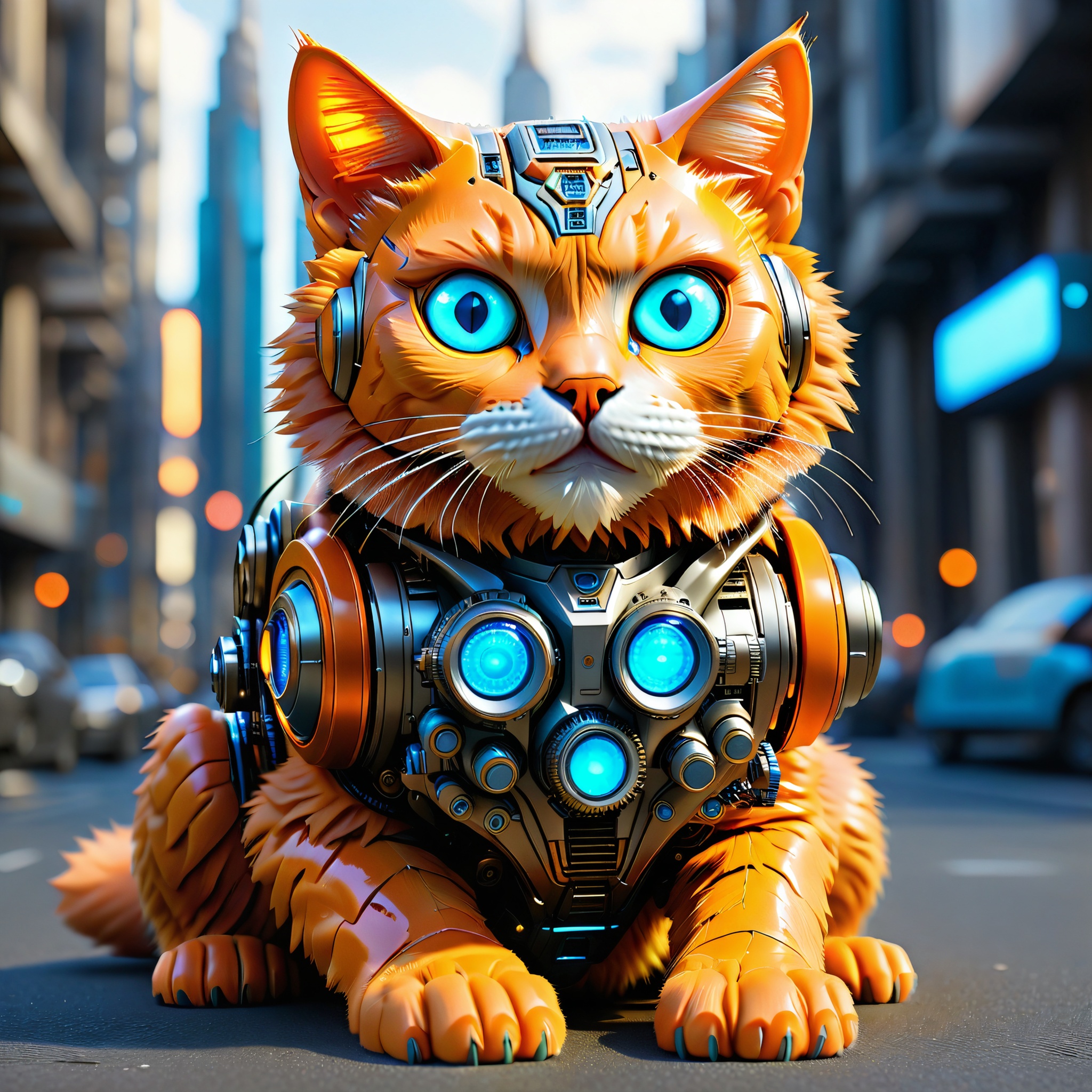 sitting hybrid full bio-mechanical cat with orange plastic fur and blue glowing camera eyes in the streets in a futuristic mega city on a generation spacecraft