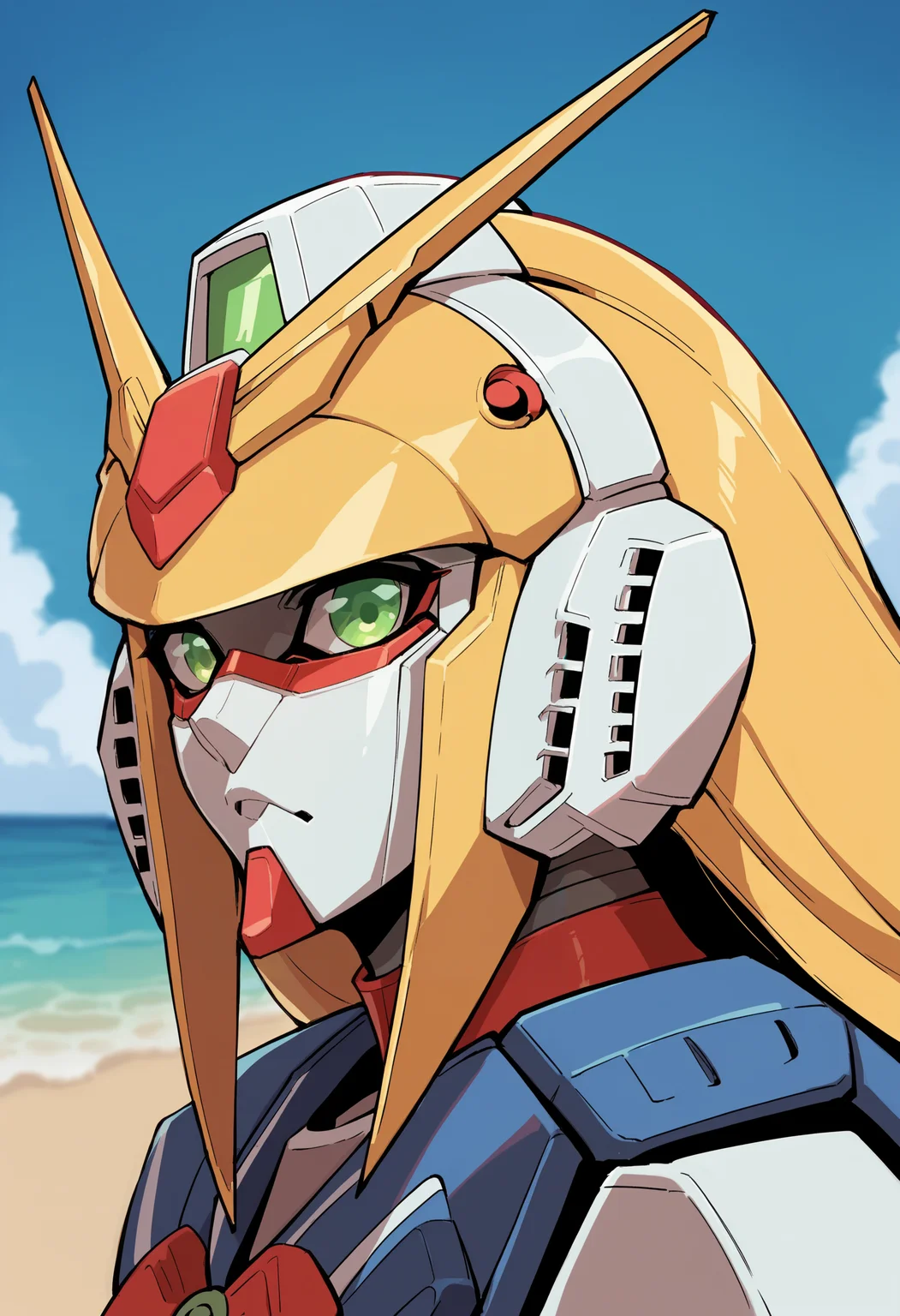 score_9, score_8_up, score_8, source_anime, 1girl, <lora:NobelGundamF:0.85> robot, mecha, green eyes, no humans, blonde hair, v-fin, looking at viewer, close up, face focus, from side, 
(beach background), blurry background,