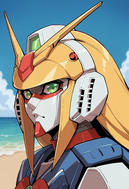 score_9, score_8_up, score_8, source_anime, 1girl, <lora:NobelGundamF:0.85> robot, mecha, green eyes, no humans, blonde hair, v-fin, looking at viewer, close up, face focus, from side,
(beach background), blurry background,