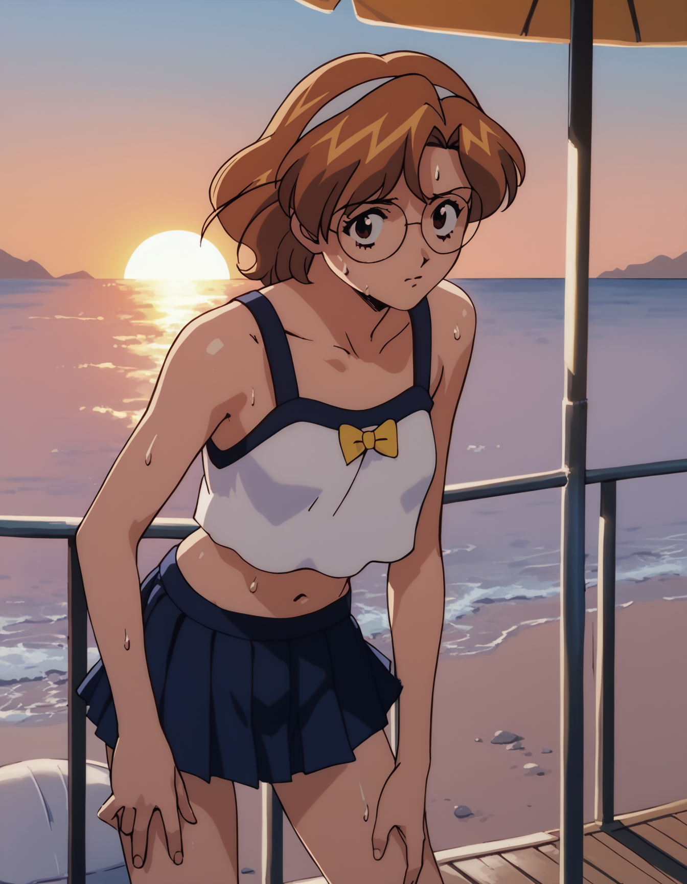score_9,  score_8_up, score_7_up
<lora:rion-aida-ponyxl:1> a10n, round eyewear, tank top, crop top overhang, pleated skirt, microskirt, blue skirt,
1girl, solo, cowboy shot, sweat, exhausted, looking at viewer, standing, sunset, beach