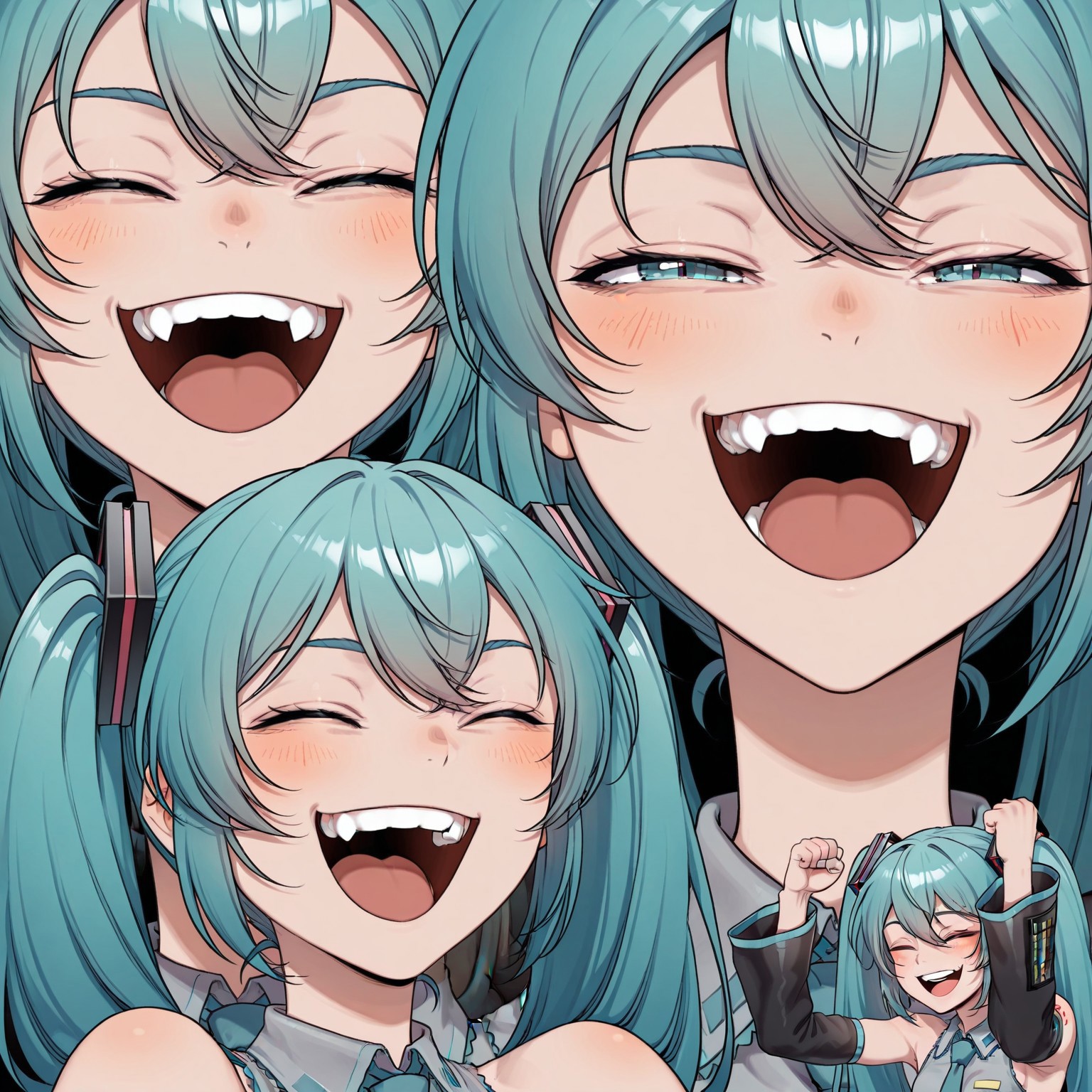 masterpiece, high quality, tomlaugh, 1girl, hatsune miku, closed eyes, half-closed eyes, smile, blush, laughing, open mouth, teeth, upper teeth only, zoom layer, multiple views, arms up, clenched hands,