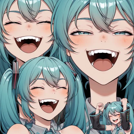 masterpiece, high quality, tomlaugh, 1girl, hatsune miku, closed eyes, half-closed eyes, smile, blush, laughing, open mouth, teeth, upper teeth only, zoom layer, multiple views, arms up, clenched hands,